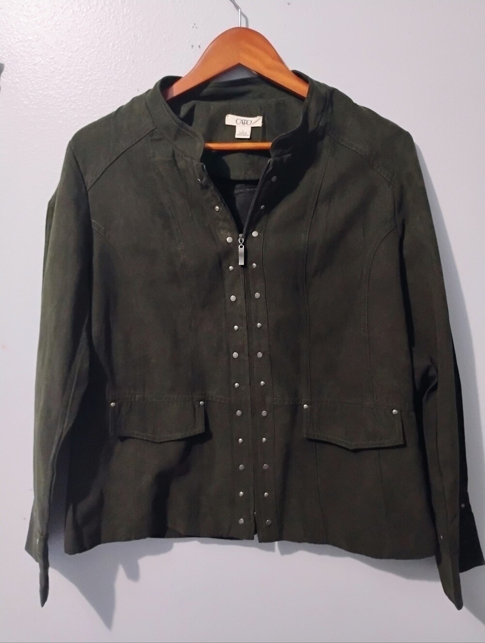 Cato Olive Green Suede Stud-Front Utility Jacket